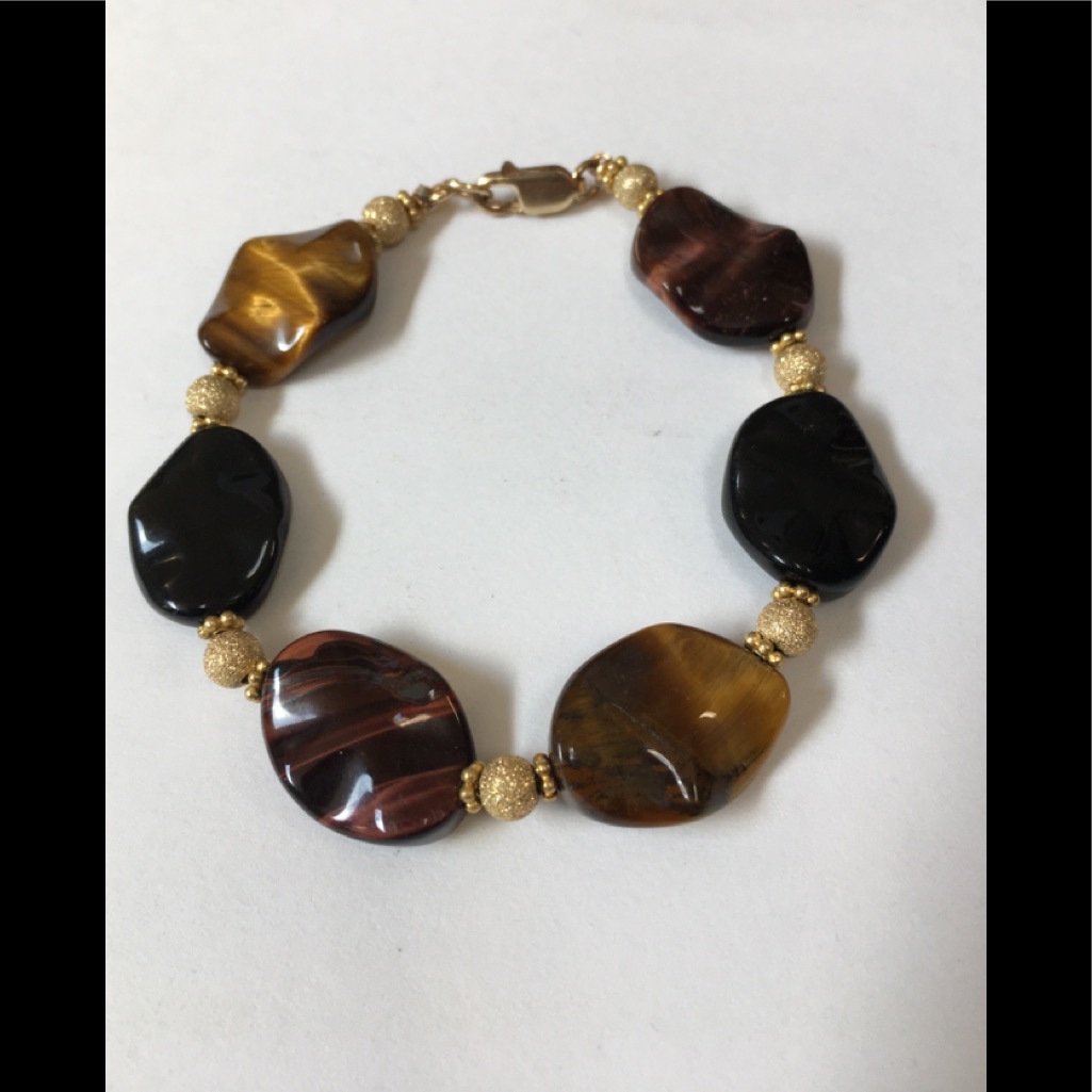 Wavy Tiger Eye Onyx Gold Filled Bead Bracelet 28$